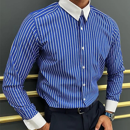 

Men's Dress Shirt Button Down Shirt Collared Shirt French Cuff Shirts Maroon Black Blue Long Sleeve Striped Turndown Spring, Fall, Winter, Summer Wedding Work Clothing Apparel Button-Down