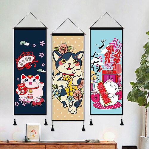 

Japão gatos da sorte tecido boêmio tapeçaria de parede arte decoração cobertor cortina pendurado casa quarto sala estar decoração nórdico algodão linho borla