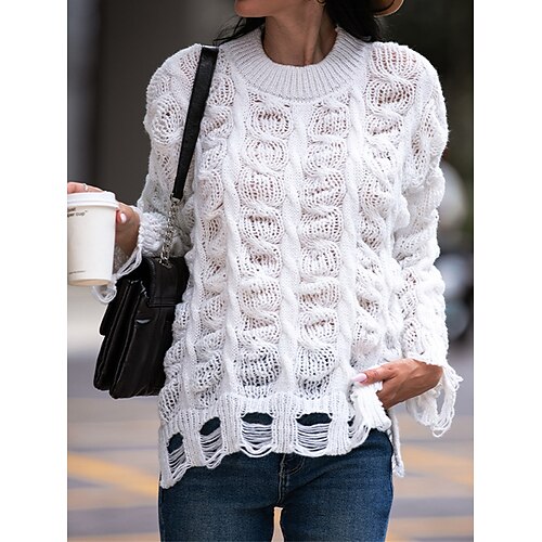 

Women's Pullover Sweater Jumper Crew Neck Cable Knit Acrylic Split Knitted Ripped Fall Winter Regular Outdoor Daily Going out Fashion Streetwear Casual Long Sleeve Solid Color White S M L