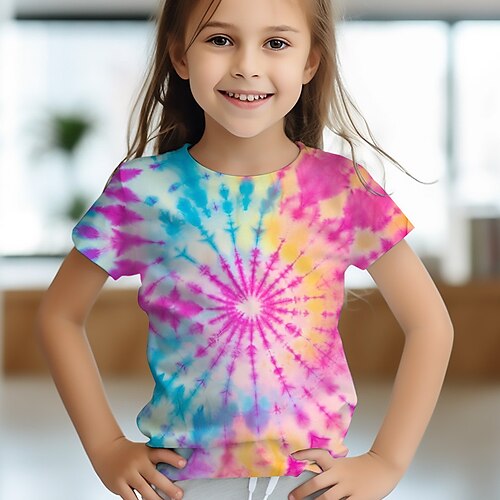 

Girls' 3D Tie Dye Tee Shirt Short Sleeve 3D Print Summer Spring Active Fashion Cute Polyester Kids 3-12 Years Crew Neck Outdoor Casual Daily Regular Fit
