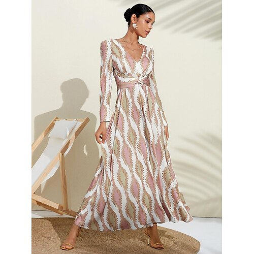 

Women's Hem Maxi Satin Maxi Maxi Dress White Long Sleeve Flower / Plants Button Plant Spring V Neck Flying Dress S M L