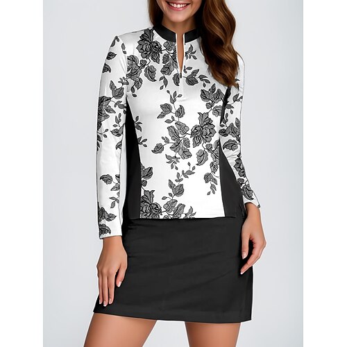 

Femme T-shirt POLO Noir blanc manche longue Top Floral Vêtements de golf pour femmes, tenues, vêtements
