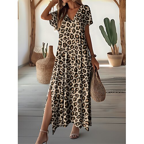 

Women's Casual Dress Split Print V Neck Long Dress Maxi Dress Vacation Short Sleeve Summer