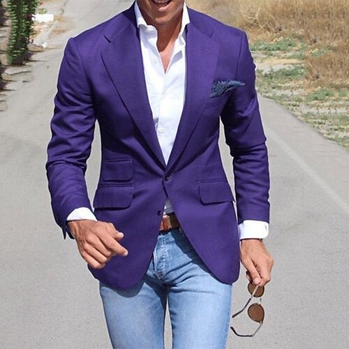 

Men's Blazer Business Cocktail Party Wedding Party Fashion Casual Spring & Fall Polyester Plain Button Pocket Comfortable Single Breasted Blazer Purple