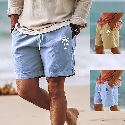 

мужские хлопковые шорты, летние шорты, пляжные шорты, эластичная резинка на талии, 3d-принт, графика, кокосовая пальма, дышащие, мягкие, короткие, повседневная, праздничная, уличная, гавайская,