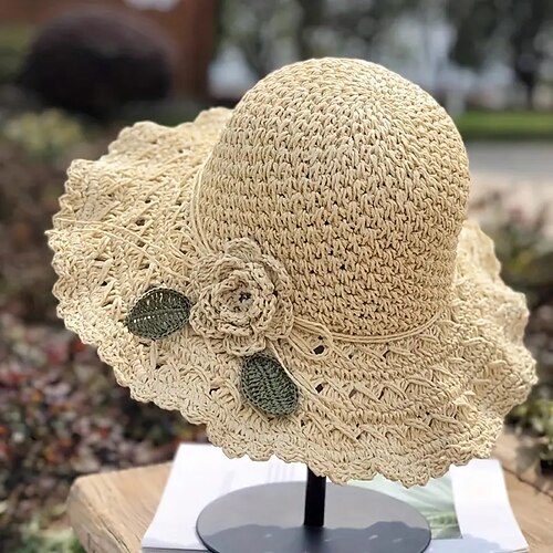 

1pcs Trendy Flower Crochet Straw Hat Elegant Solid Color Ruffle Sun Hats Classic Foldable Summer Travel Beach Hats For Women Girls