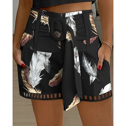 

Women's Shorts Linen Cotton Blend Floral Feather Side Pockets Short Casual Daily Going out Weekend Black White S M Summer