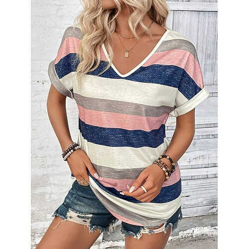 

Women's T shirt Tee Striped Daily Vacation Print Batwing Sleeve Pink Short Sleeve Stylish Basic V Neck Summer