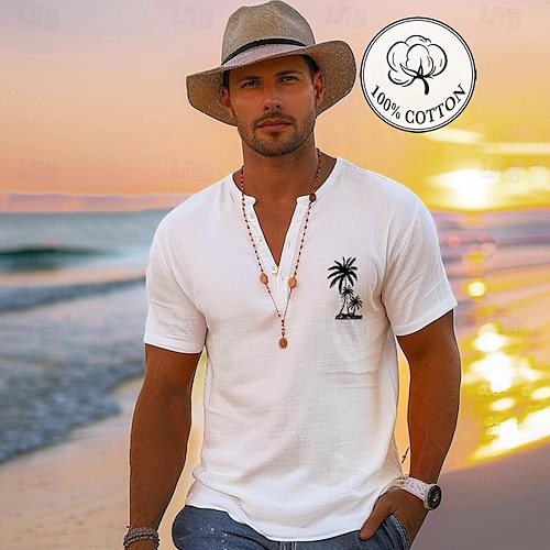 

Мужская рубашка Хенли из 100% хлопка с кокосовой пальмой, белая синяя футболка, футболка с графическим рисунком, модная классическая рубашка с коротким рукавом, удобная футболка, уличный отдых, летняя модельерская одежда