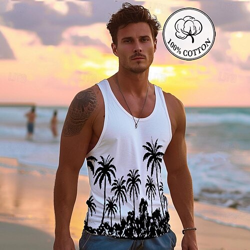 

Men's Graphic Tank Top Casual Vest Top Coconut Tree Fashion Hawaiian Undershirt Street Daily Beach T shirt White Blue Short Sleeve Crew Neck Shirt Spring & Summer Clothing Apparel