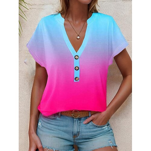 

Women's T shirt Tee Ombre Color Gradient Daily Going out Print Yellow Short Sleeve Stylish V Neck Summer