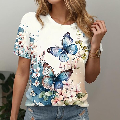 

Women's T shirt Tee Butterfly Holiday Weekend Print Blue Short Sleeve Basic Round Neck