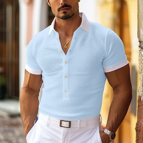 

Men's Waffle Polo Shirt Golf Shirt Casual Holiday Lapel Short Sleeve Fashion Basic Plain Button Summer Spring Regular Fit White Light Blue Waffle Polo Shirt