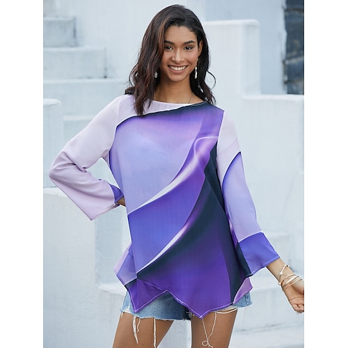 

Women's Shirt Blouse Graphic Abstract Casual Print Asymmetric Hem Pink Long Sleeve Basic Neon & Bright Round Neck Spring Fall