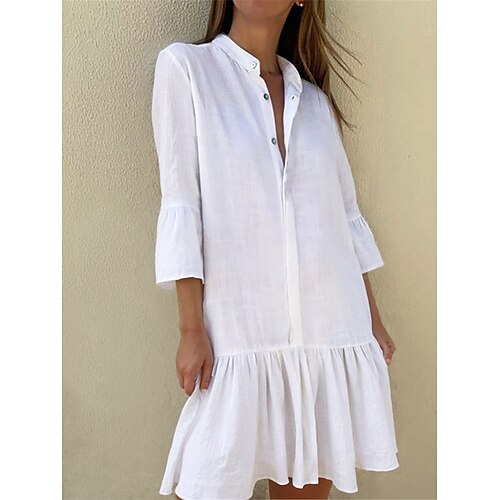 

Women's White Dress Shirt Dress Cotton Linen Dress Midi Dress Ruffle Button Basic Casual Daily Stand Collar 3/4 Length Sleeve Summer Spring Black White Plain
