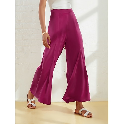 

Women's Wide Leg Pants Burgundy Satin Pocket Casual Elegant Loose Fit Pants Spring Summer