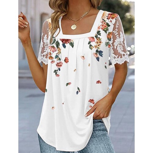 

Women's T shirt Tee Lace T-shirt Mesh Patchwork Top Floral Holiday Weekend Lace Print White Short Sleeve Basic Square Neck