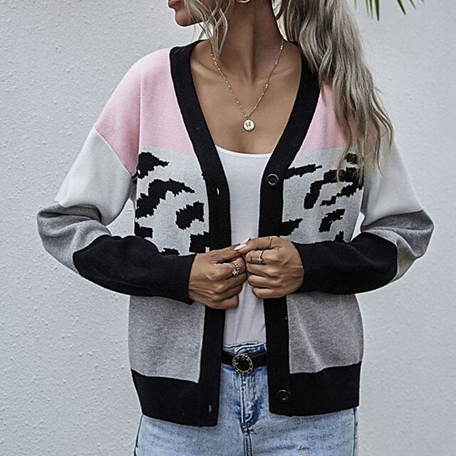 Women's Cardigan Knitted Button Color Block Leopard Stylish Casual Soft Long Sleeve Sweater Cardigans V Neck Spring Summer Blue Gray
Women's Cardigan Knitted Button Color Block Leopard Stylish Casual Soft Long Sleeve Sweater Cardigans V Neck Spring Summer Blue Gray