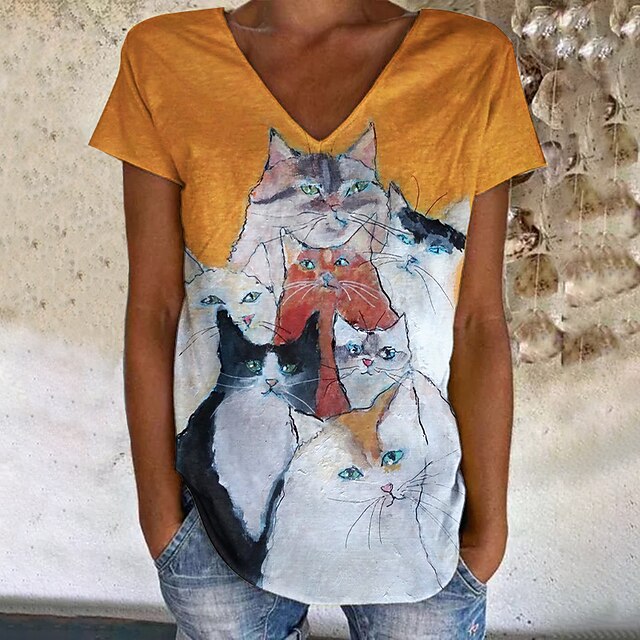 Women's Cat Painting T shirt Cat Print V Neck Basic Tops Pink Orange Yellow / 3D Print
Women's Cat Painting T shirt Cat Print V Neck Basic Tops Pink Orange Yellow / 3D Print