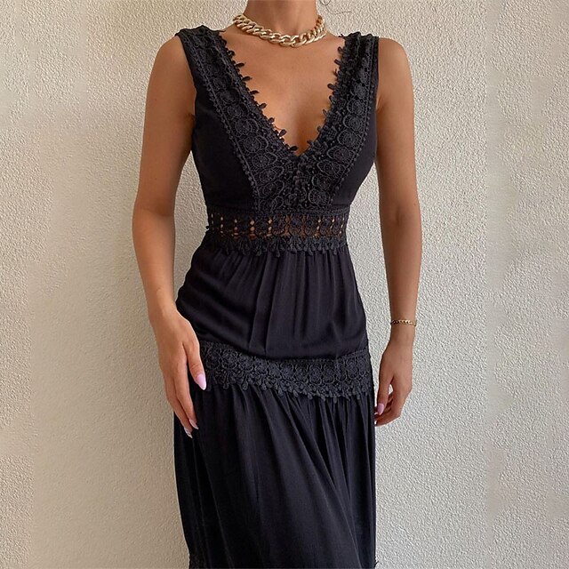 Women's A Line Dress Maxi long Dress Black Sleeveless Pure Color Backless Lace Cold Shoulder Spring Summer V Neck Stylish Work Elegant 2022 S M L XL
Women's A Line Dress Maxi long Dress Black Sleeveless Pure Color Backless Lace Cold Shoulder Spring Summer V Neck Stylish Work Elegant 2022 S M L XL