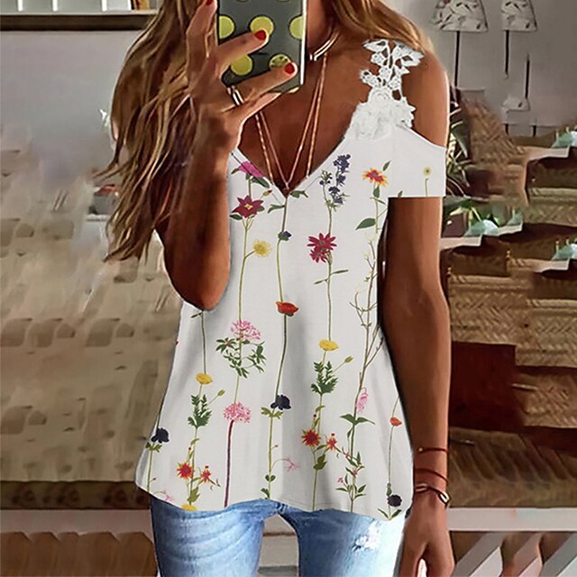 Women's Floral Theme Painting T shirt Floral Lace Cold Shoulder Print V Neck Basic Tops White Black Red / 3D Print
Women's Floral Theme Painting T shirt Floral Lace Cold Shoulder Print V Neck Basic Tops White Black Red / 3D Print