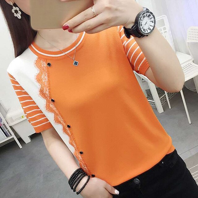 Women's Sweater Pullover Jumper Knitted Striped Color Block Stylish Casual Soft Short Sleeves Sweater Cardigans Crew Neck Spring Summer Black Orange
Women's Sweater Pullover Jumper Knitted Striped Color Block Stylish Casual Soft Short Sleeves Sweater Cardigans Crew Neck Spring Summer Black Orange