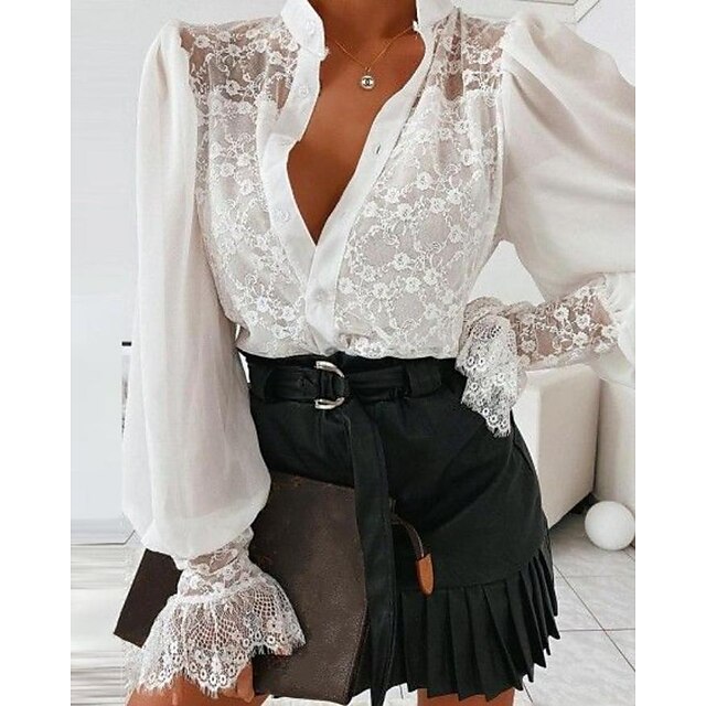 Women's Blouse Shirt Floral Lace Patchwork Button Standing Collar Casual Streetwear Tops White
Women's Blouse Shirt Floral Lace Patchwork Button Standing Collar Casual Streetwear Tops White