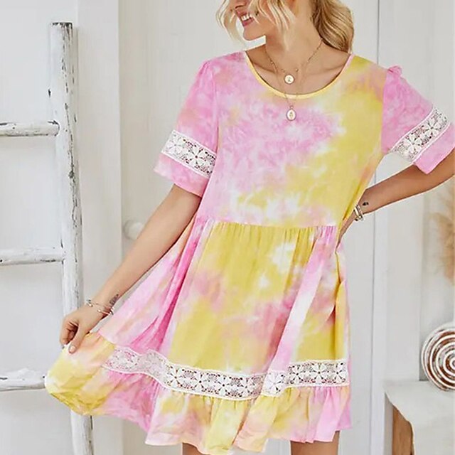 Women's Casual Dress Short Mini Dress Pink Short Sleeve Tie Dye Lace Print Spring Summer Round Neck Stylish Casual 2022 S M L XL XXL 3XL
Women's Casual Dress Short Mini Dress Pink Short Sleeve Tie Dye Lace Print Spring Summer Round Neck Stylish Casual 2022 S M L XL XXL 3XL