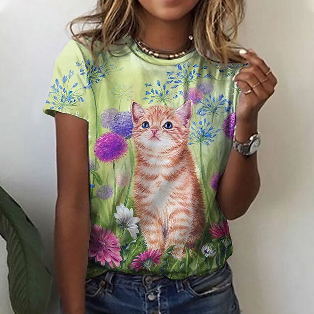 Women's Floral Theme 3D Cat Painting T shirt Floral Cat Print Round Neck Basic Tops Green / 3D Print
Women's Floral Theme 3D Cat Painting T shirt Floral Cat Print Round Neck Basic Tops Green / 3D Print