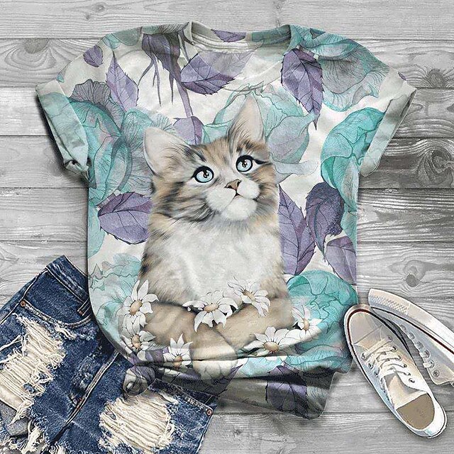 Women's Floral Theme Cat Painting T shirt Floral Cat Print Round Neck Basic Tops Green White Black / 3D Print
Women's Floral Theme Cat Painting T shirt Floral Cat Print Round Neck Basic Tops Green White Black / 3D Print