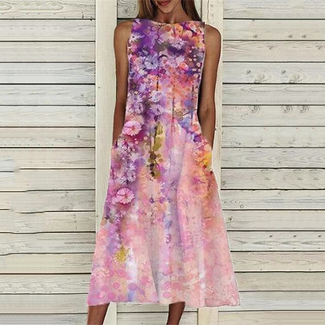 Women's Shift Dress Midi Dress Blue White Black Pink Light Blue Sleeveless Floral Color Gradient Ruffle Print Spring Summer Round Neck Casual Vacation 2022 S M L XL XXL 
Women's Shift Dress Midi Dress Blue White Black Pink Light Blue Sleeveless Floral Color Gradient Ruffle Print Spring Summer Round Neck Casual Vacation 2022 S M L XL XXL