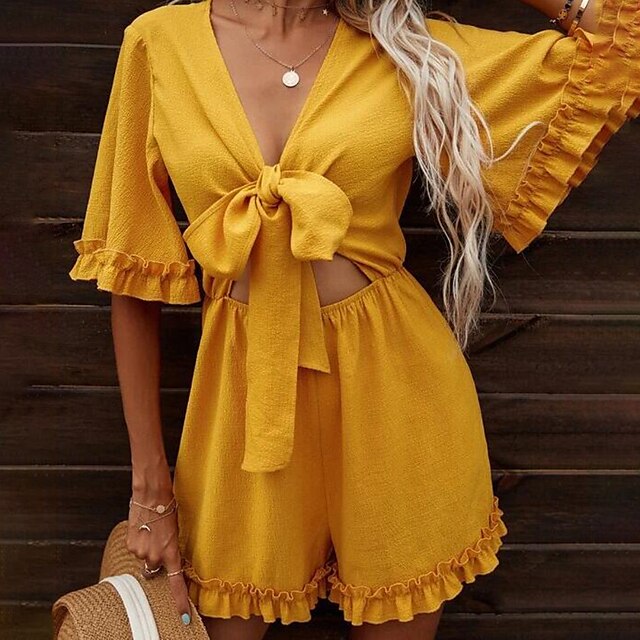 Women's Romper High Waist Ruffle Solid Color V Neck Casual Home Daily Regular Fit Short Sleeve Yellow S M L Spring
Women's Romper High Waist Ruffle Solid Color V Neck Casual Home Daily Regular Fit Short Sleeve Yellow S M L Spring