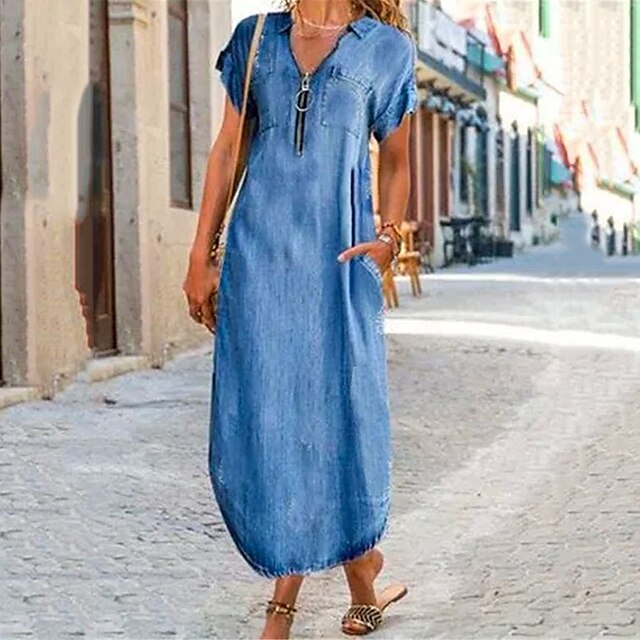 Women's Shift Dress Maxi long Dress Light Blue Short Sleeve Pure Color Zipper Pocket Spring Summer Shirt Collar Casual 2022 S M L XL XXL 3XL
Women's Shift Dress Maxi long Dress Light Blue Short Sleeve Pure Color Zipper Pocket Spring Summer Shirt Collar Casual 2022 S M L XL XXL 3XL