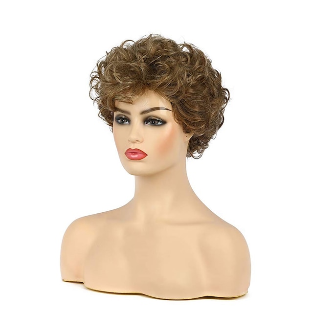 Short Curly Wavy Blonde Brown Wigs For Women Natural Looking Synthetic