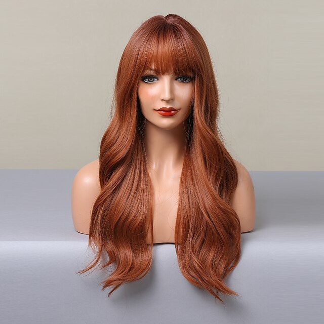 Haircube Ombre Brown Auburn Blonde Hair Long Wavy Wigs With Bangs For