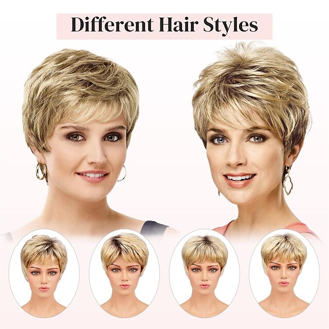 Blonde Pixie Cut Wig For White Women Layered Short Ombre Blonde Hair