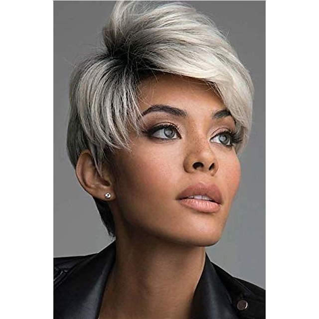 Short Dark Brown Mixed Blonde Highlight Pixie Cut Wigs With Bangs