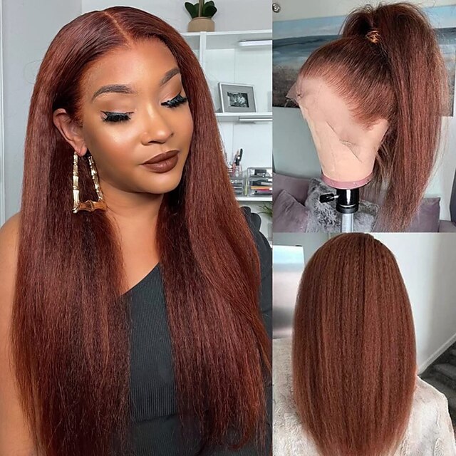 Reddish Brown Wig Kinky Straight Wig Human Hair 13x4 Brown Lace Front