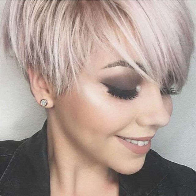 Short Dark Brown Mixed Blonde Highlight Pixie Cut Wigs With Bangs