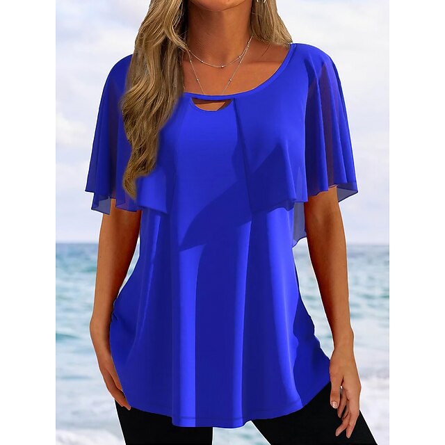 Per Donna Camicia Blusa Nero Rosso Blu Con Balze Liscio Informale