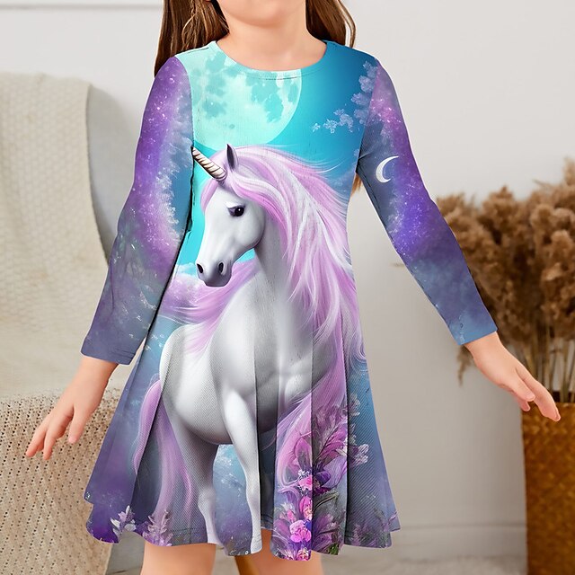 M Dchen D Graphic Karikatur Einhorn Kleid Langarm D Druck Sommer