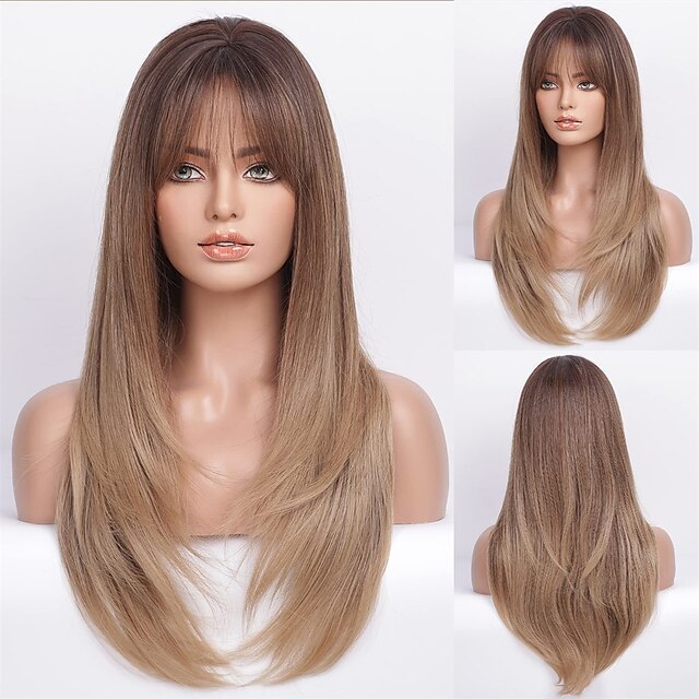 Ombre Blonde Long Straight Wig With Bangs Dark Root Long Hair With