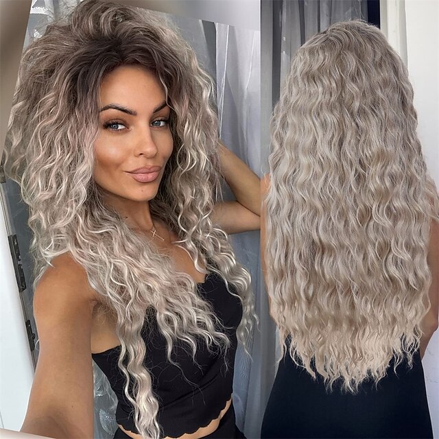 Carnival Gifts Ombre Ash Blonde Curly Wig Long Wavy Wigs For White Women Fluffy Synthetic Wig