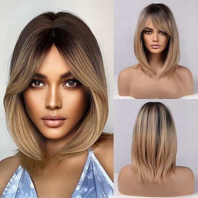 Blonde Wig With Bangs Short Wavy Ombre Blond Wigs With Dark Roots For