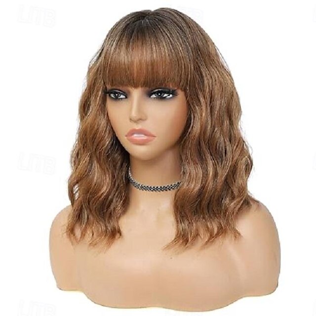 Ombre Blonde Wig With Bangs For Women 14 Inch Shoulder Length Short Bob