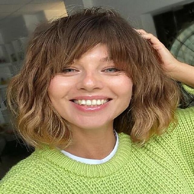 Ombre Blonde Wigs With Bangs Short Wavy Bob Wig For Women Synthetic