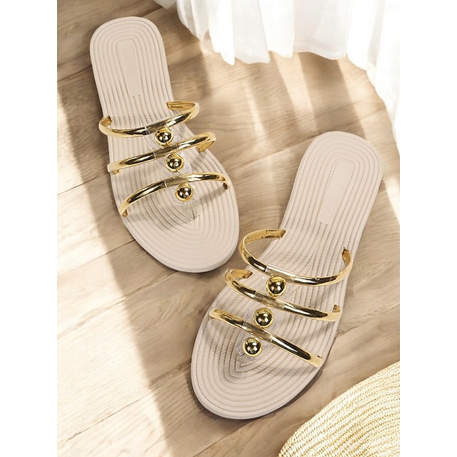 Gold Accented White Slip On Sandals For Women Trendy Summer Flat