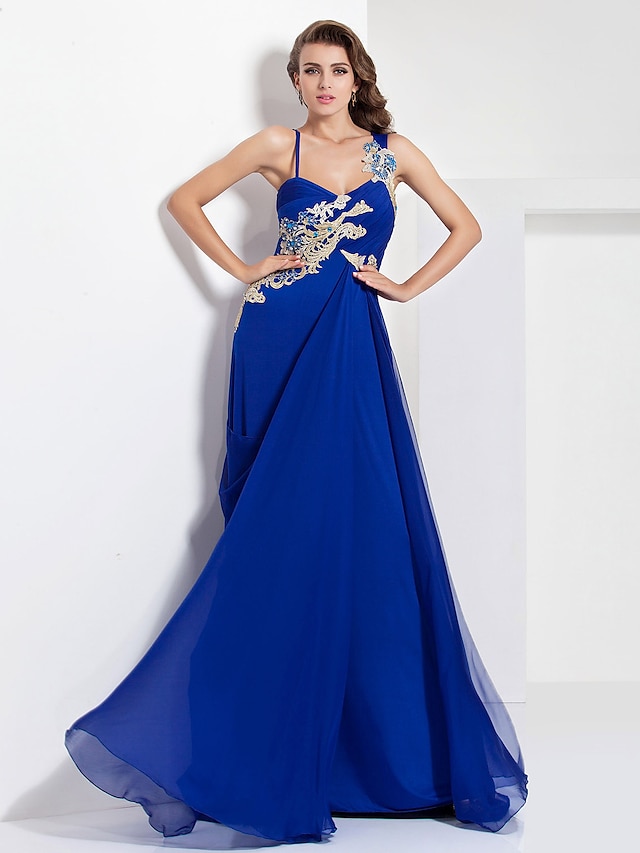 A Line Spaghetti Straps Floor Length Chiffon Jersey Evening Prom Dress