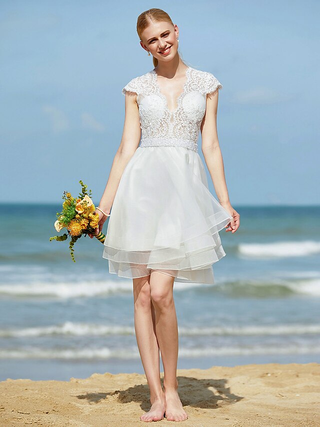 Wedding Dresses A Line V Neck Sleeveless Knee Length Tulle Bridal Gowns