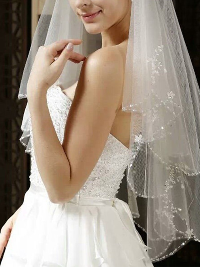 Two Tier Classic Style Lace Wedding Veil Elbow Veils With Solid